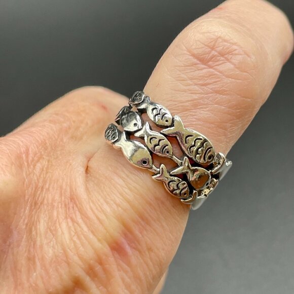 Sterling Silver 925 Adjustable Schooling Fish Ring #1186 - Picture 7 of 8